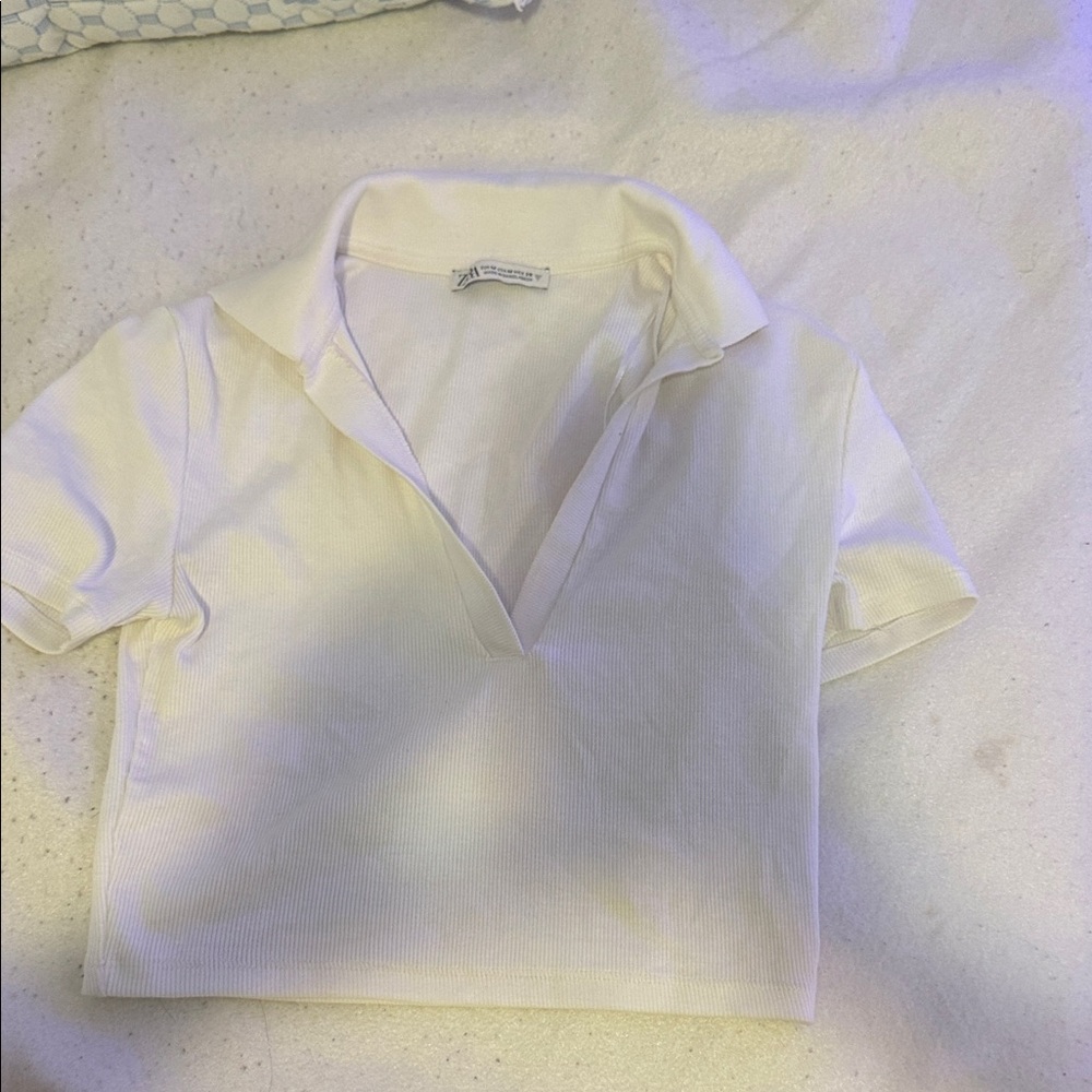 Zara White Ribbed Polo Crop Top